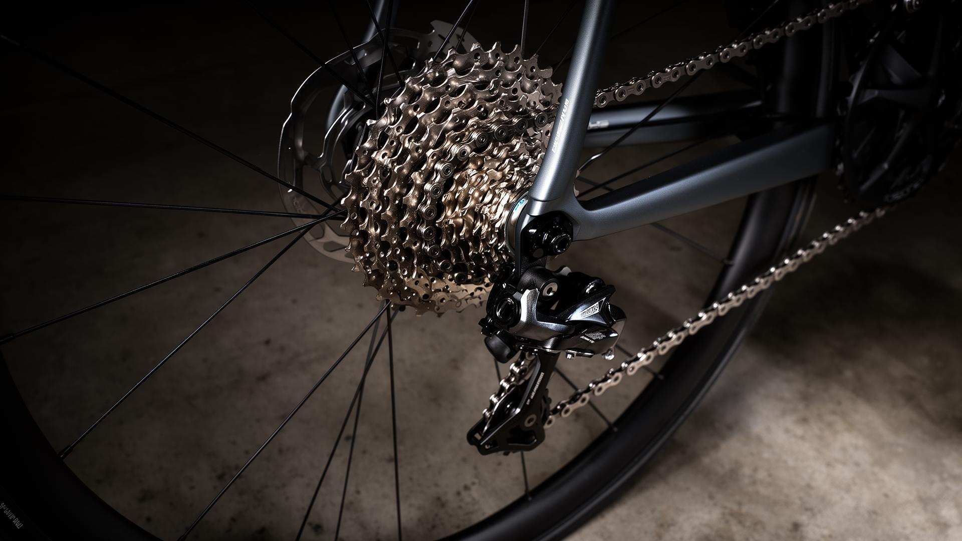 Close-up of a clean, freshly waxed road bike drivetrain